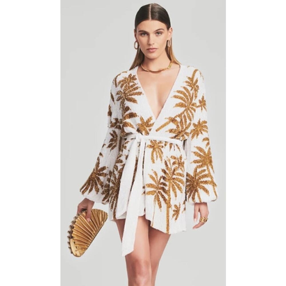 Retrofete Gabrielle Palm Robe Dress Sequin Luxury Palm Leaf NWT L